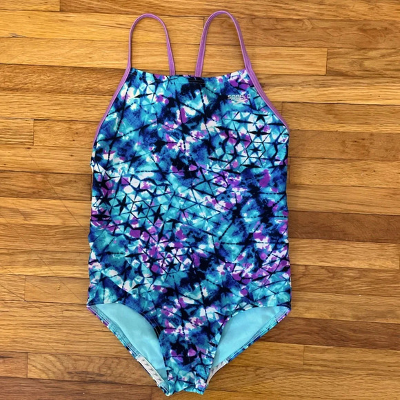 4/$25 Speedo Girls No Wedgie Worries One Piece Swimsuit Size Medium Blue Purple - Picture 1 of 7